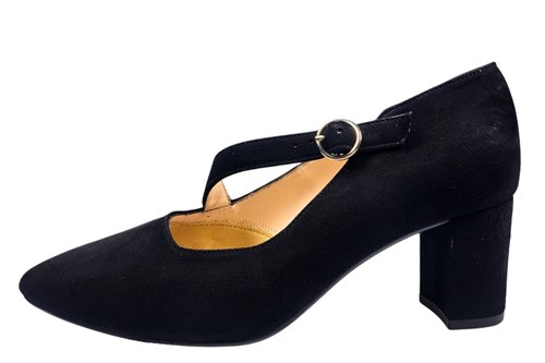 Eigentijdse pump met diagonaal bandje - zwart suede